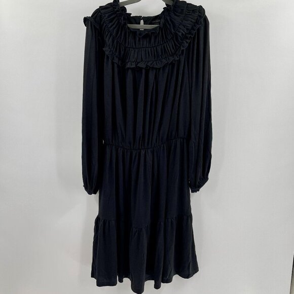 NWT Ann Taylor Ruffle Collar Flare Black Stretch Flowy Midi Soft Dress Prairie - Picture 1 of 9